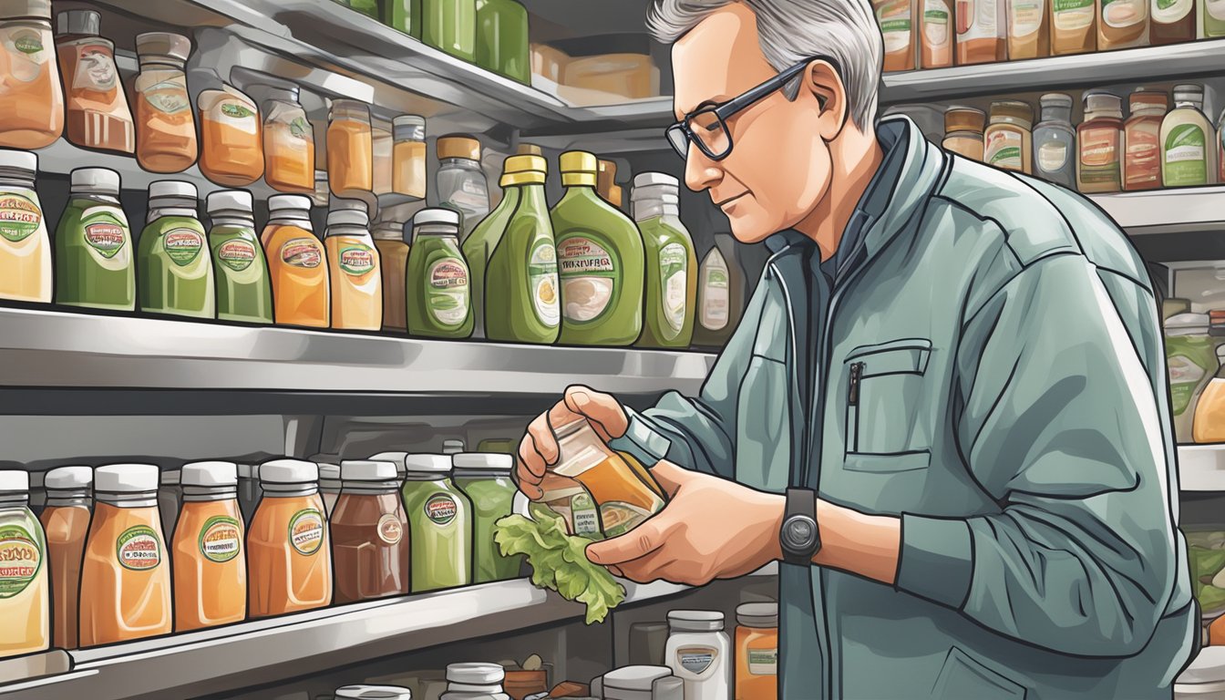 A diabetic person examining bottles of salad dressing, specifically focusing on a bottle of thousand island dressing