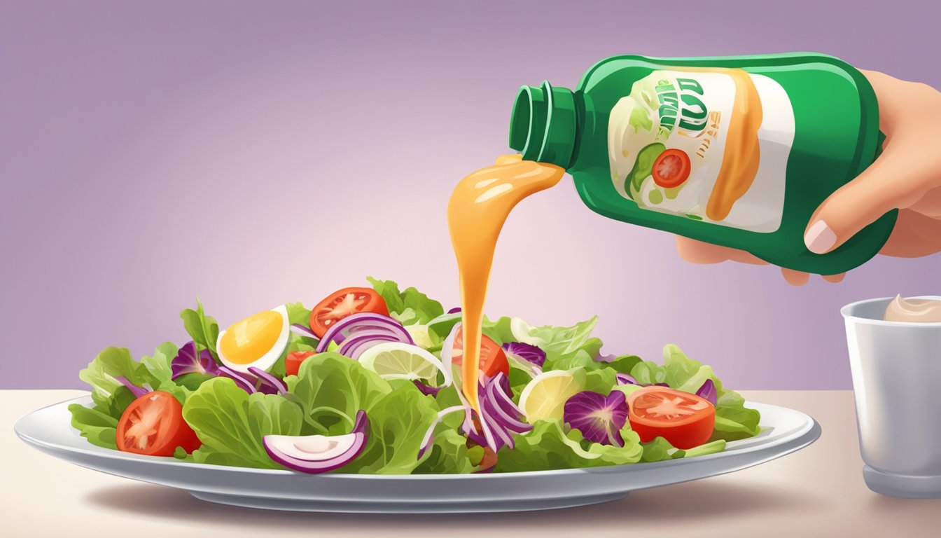 A diabetic person pouring Thousand Island dressing onto a salad