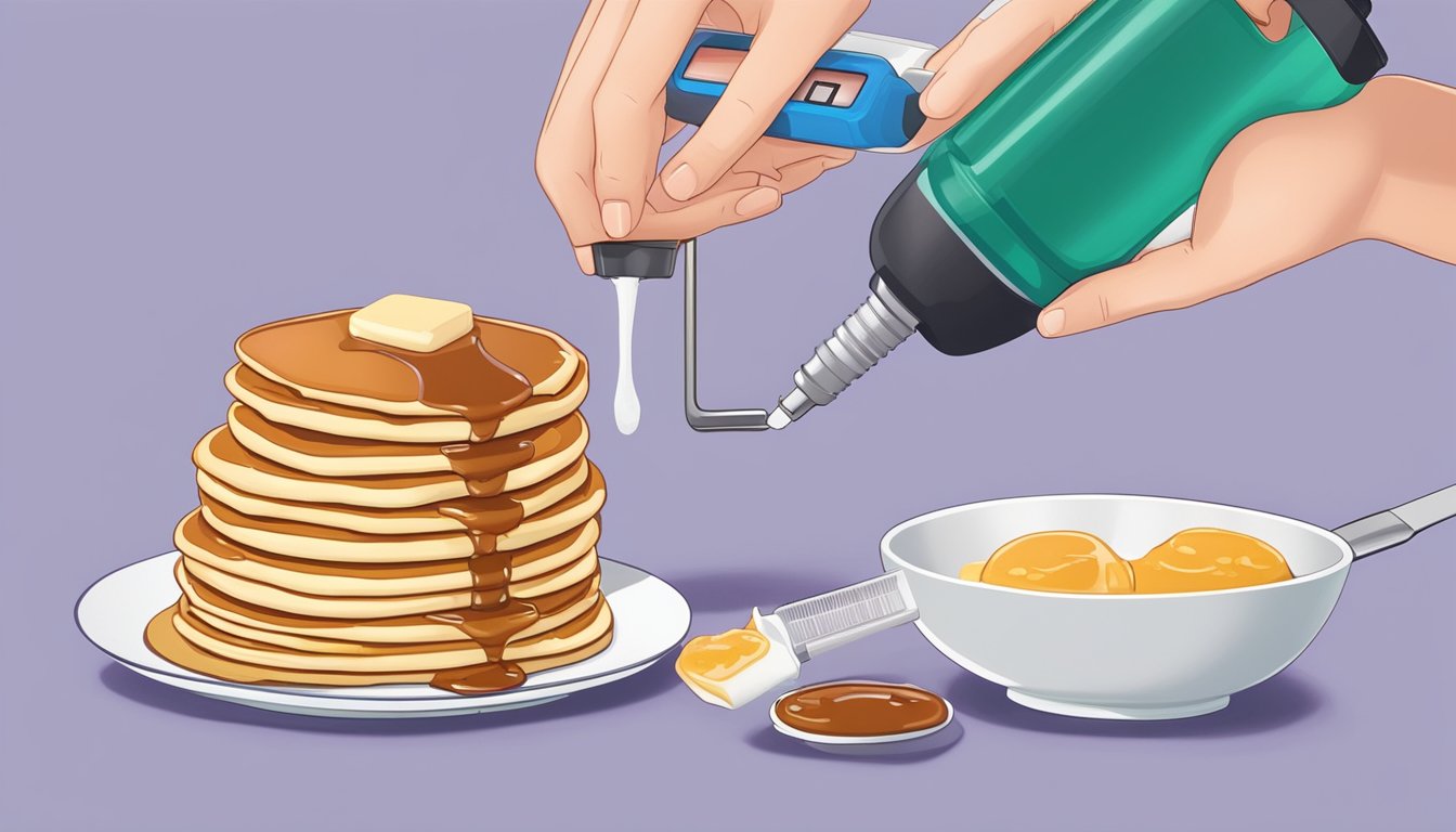 A person with diabetes pours sugar-free syrup onto a stack of pancakes, with a glucometer and insulin pen nearby