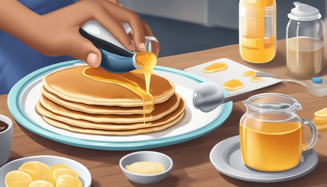 A person pouring sugar-free syrup onto pancakes, with a glucometer and insulin pen nearby