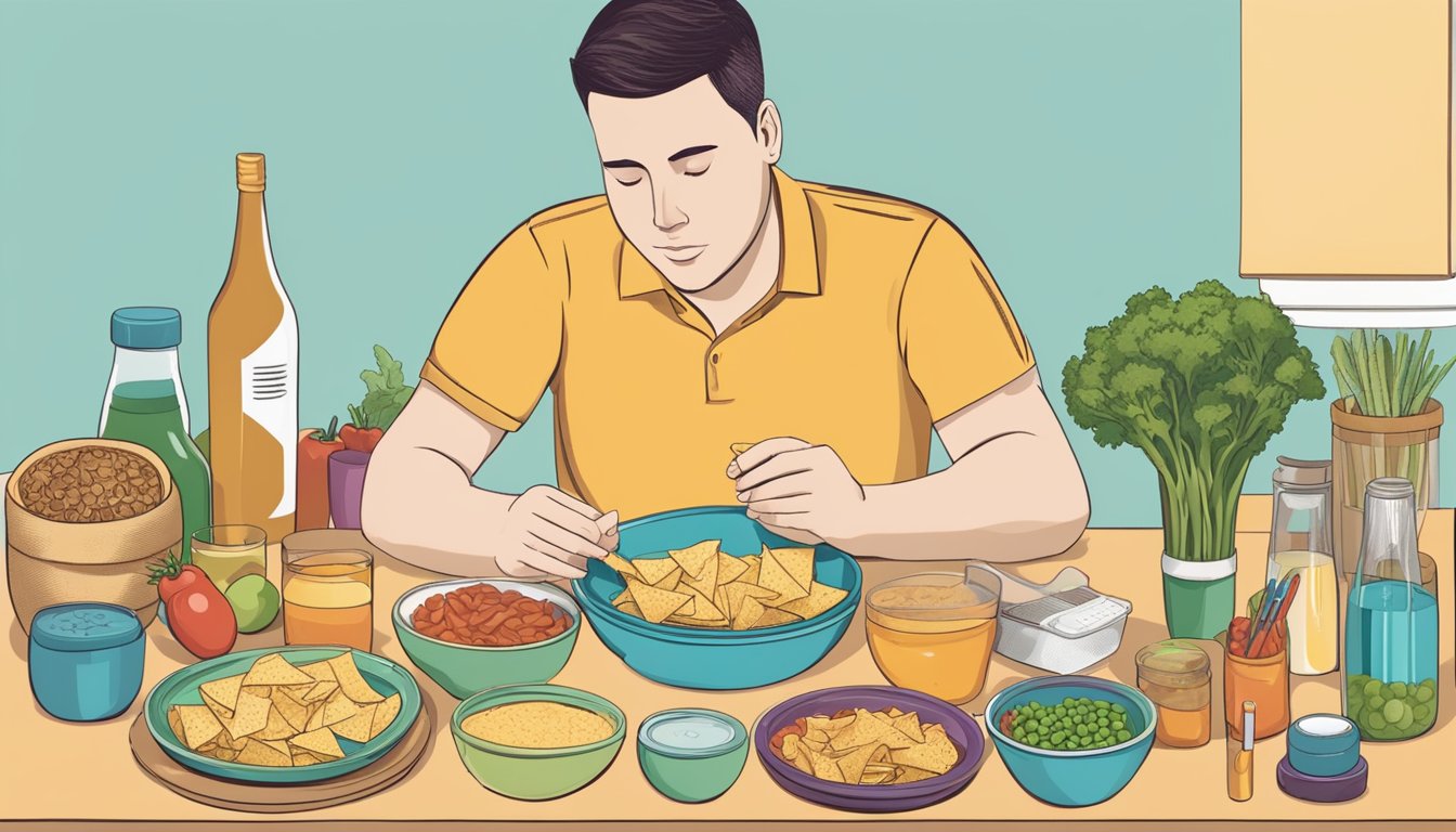 A person with diabetes is seen contemplating a bowl of tortilla chips, surrounded by various health-related items such as a glucose meter, insulin, and a plate of vegetables