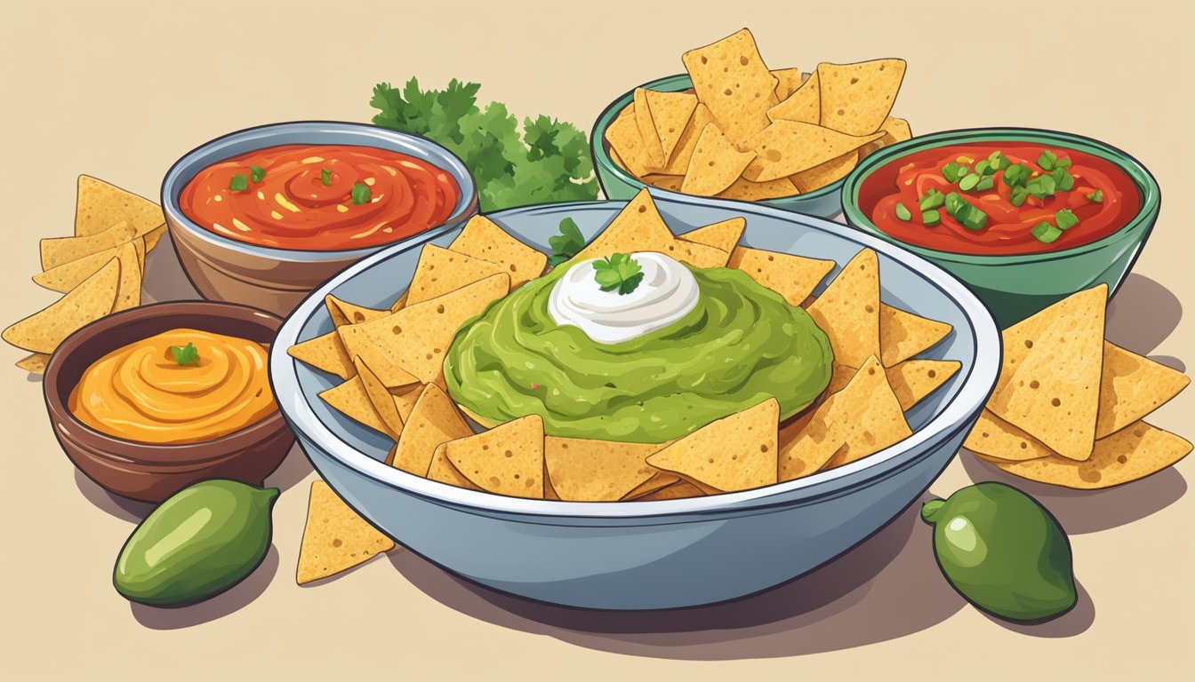 A bowl of tortilla chips surrounded by colorful, health-boosting dips like guacamole, salsa, and hummus