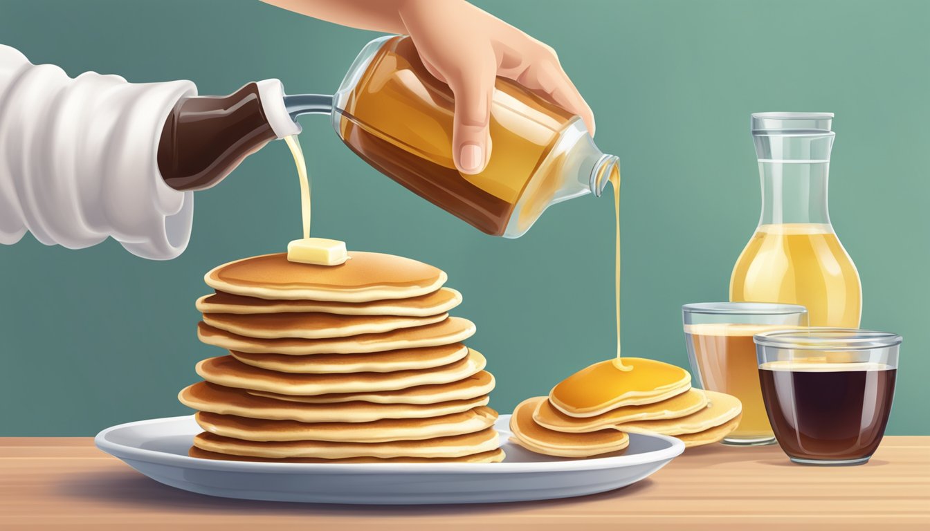 A diabetic person pouring sugar-free syrup onto a stack of pancakes