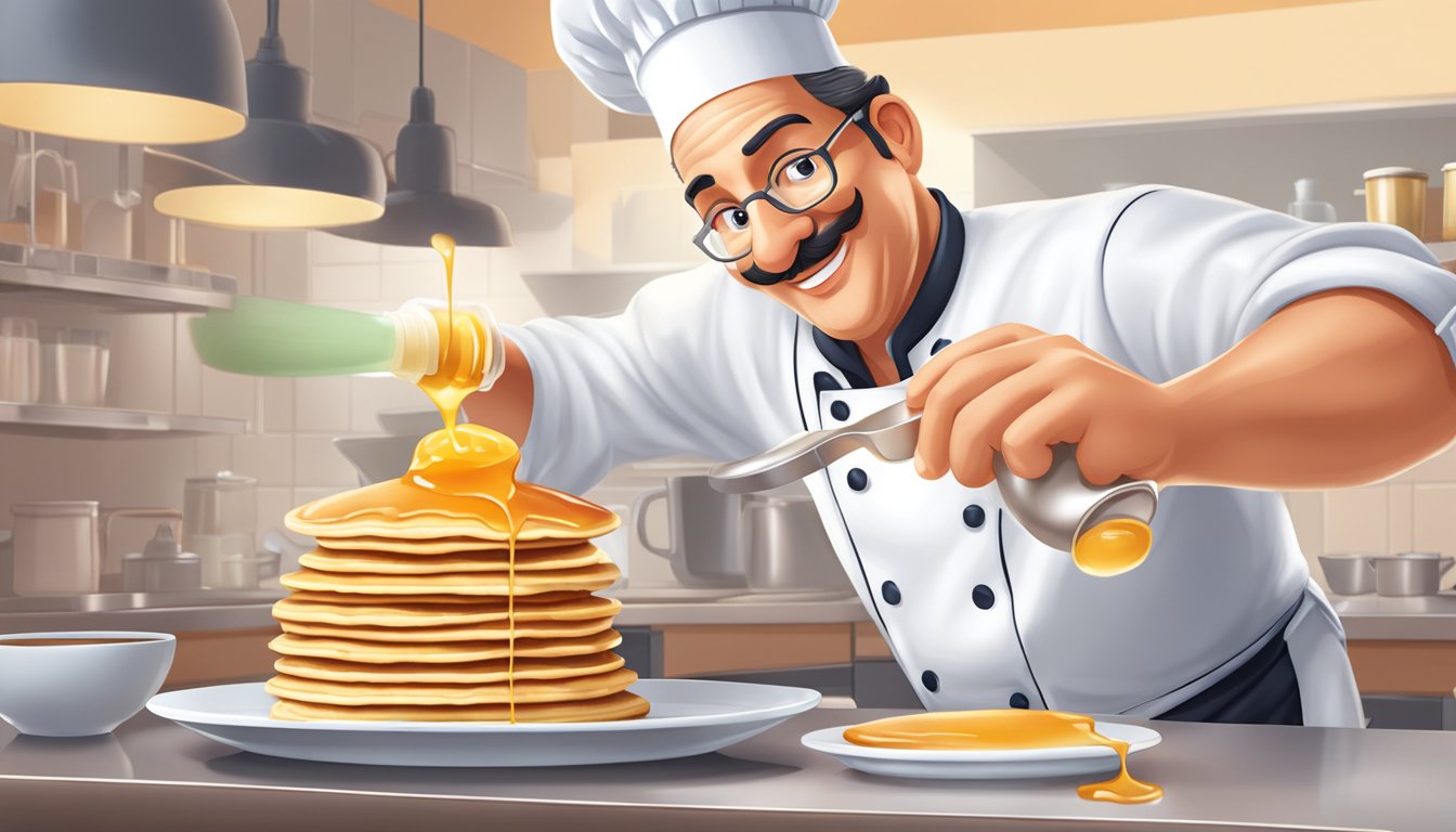 A chef pouring sugar-free syrup onto a stack of pancakes