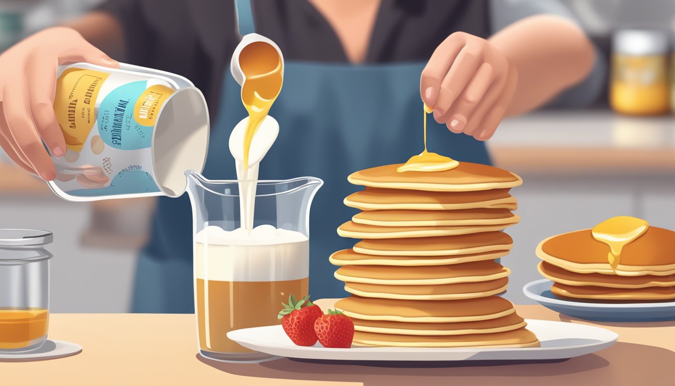 A person pouring sugar-free syrup onto a stack of pancakes, with a measuring cup and a nutrition label in the background