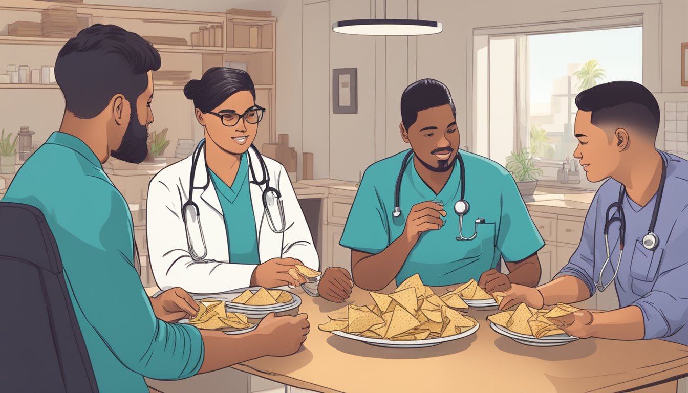 A group of healthcare professionals discussing with a diabetic patient, while a plate of tortilla chips sits on the table