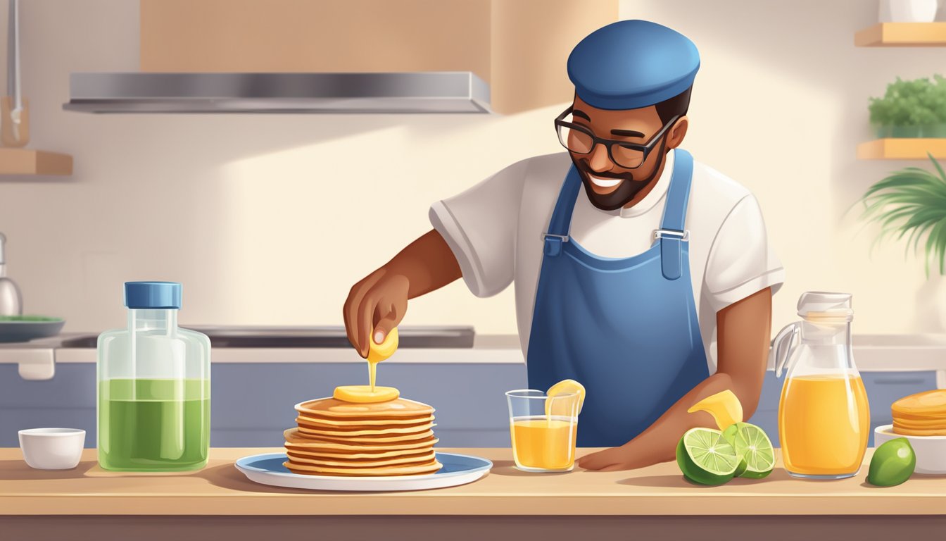 A diabetic pouring sugar-free syrup onto a stack of pancakes