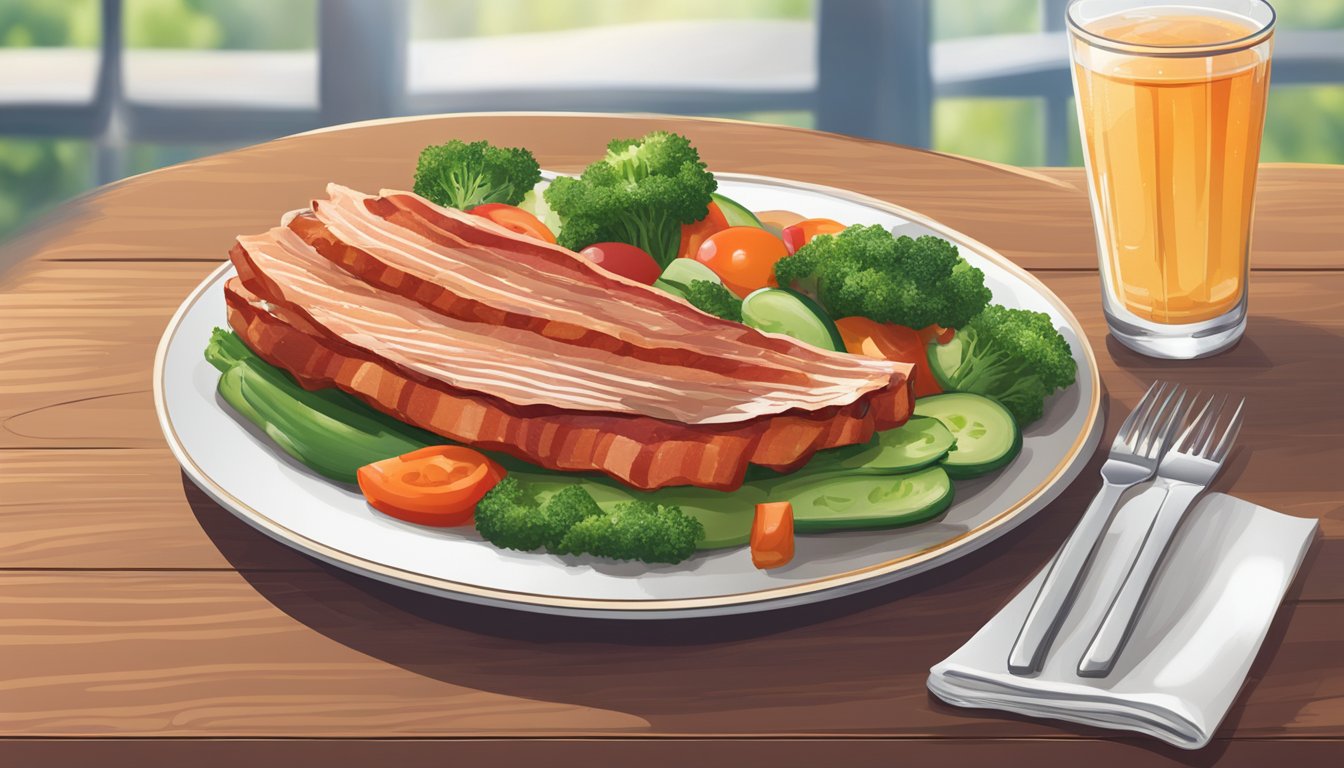 A plate of sizzling turkey bacon with a side of fresh vegetables and a glass of water