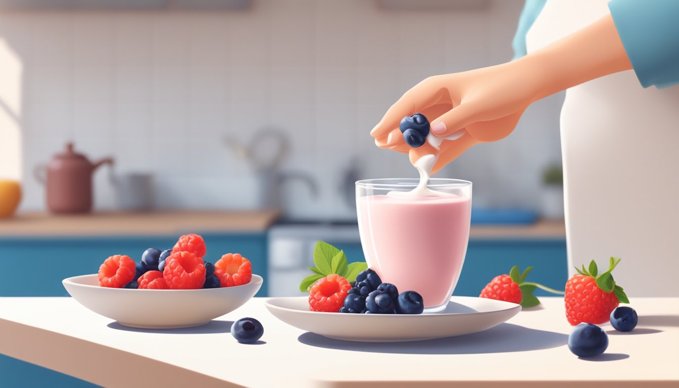 A diabetic person enjoying a bowl of sugar-free yogurt with fresh berries on a sunny kitchen table