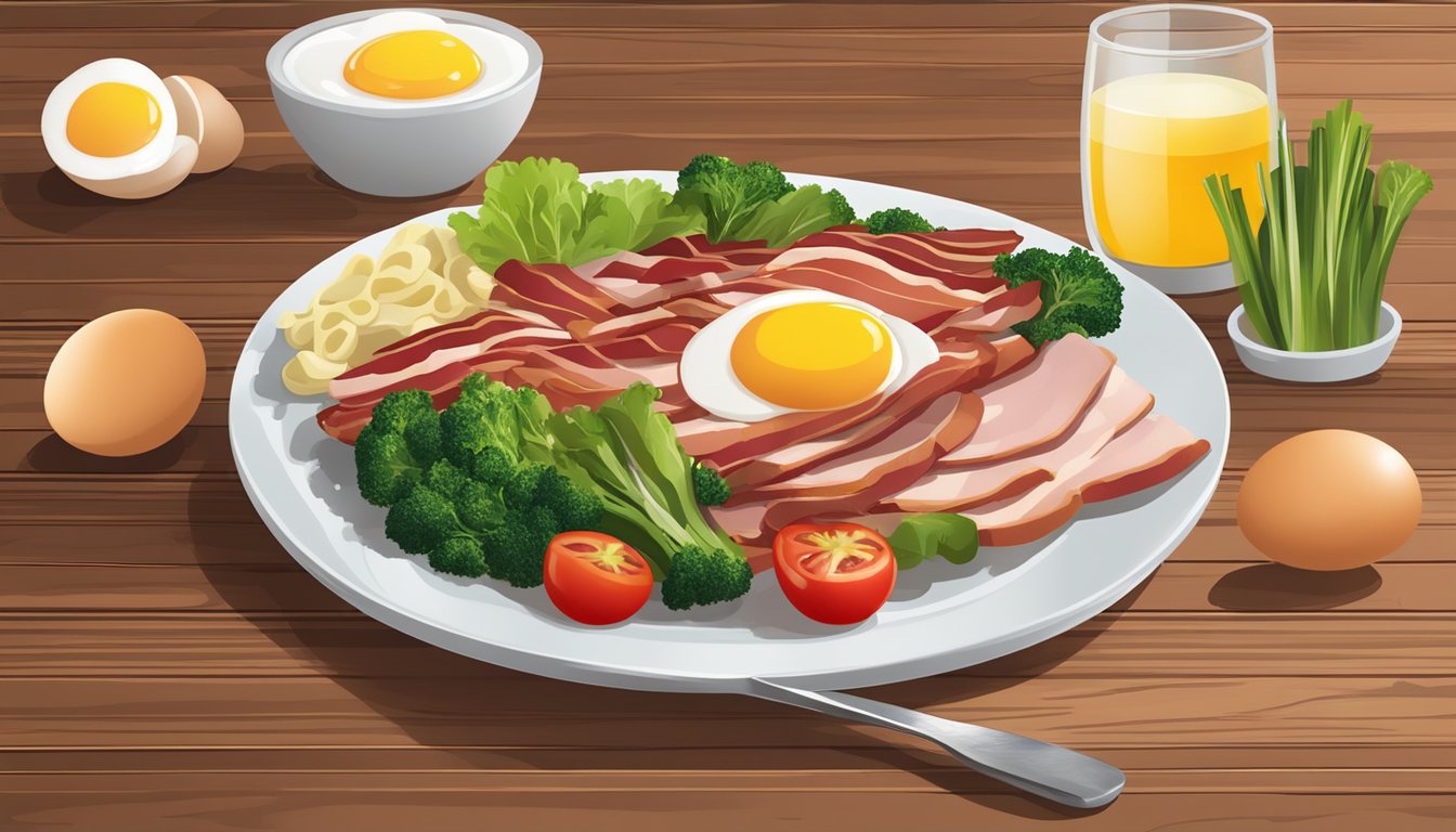 A plate with turkey bacon, eggs, and vegetables on a wooden table