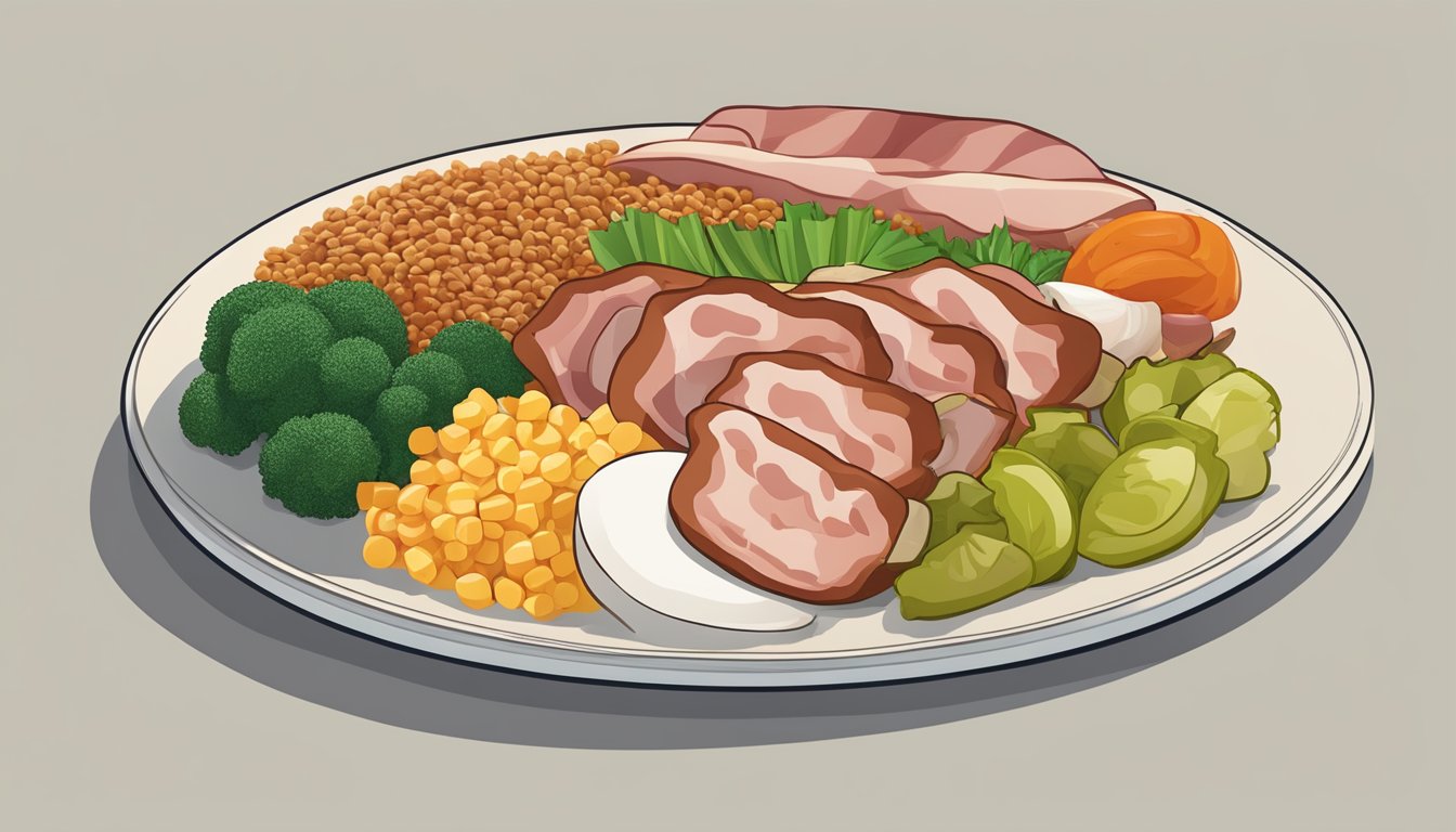 A plate of nutrient-rich foods, including turkey bacon, vegetables, and whole grains, arranged in an appealing and appetizing manner