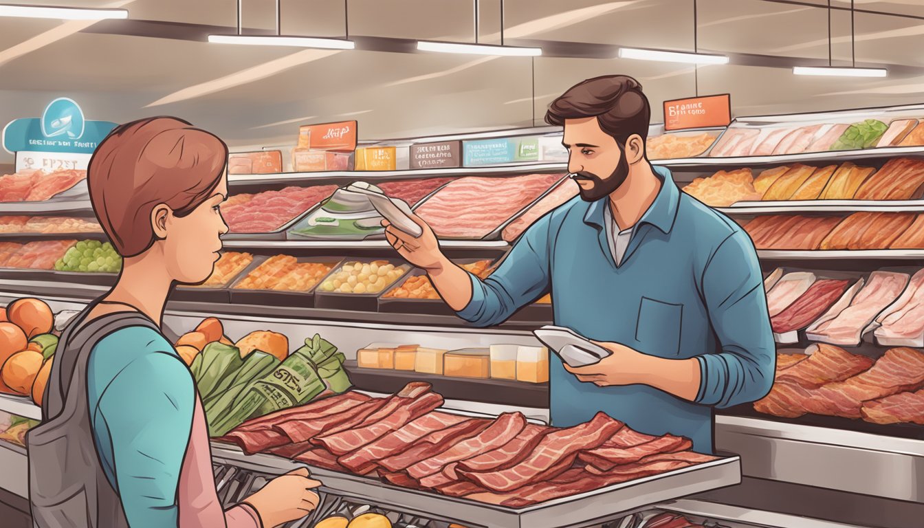 A person with diabetes choosing between regular bacon and turkey bacon at a grocery store