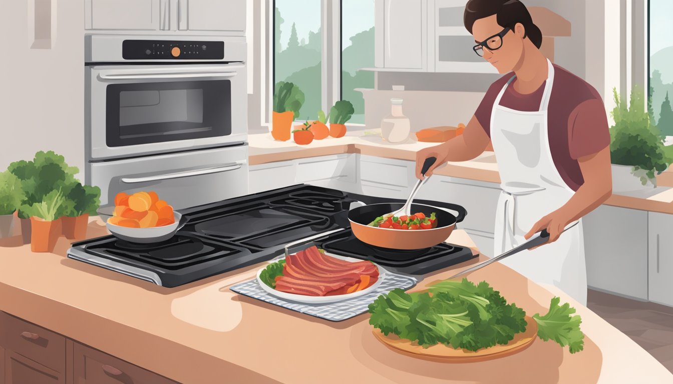 A person cooking turkey bacon with fresh vegetables on a stovetop