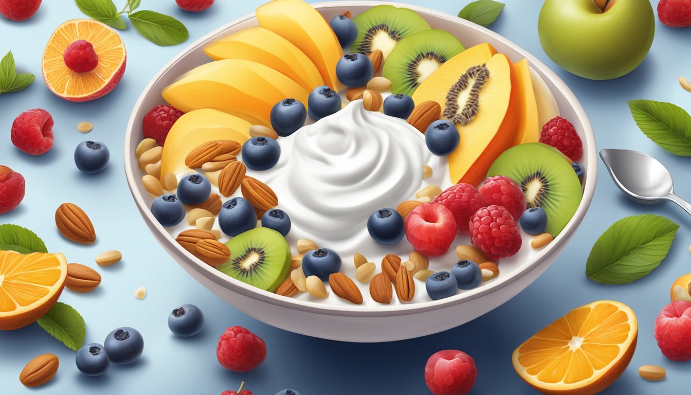 A colorful array of fresh fruits and nuts surrounding a bowl of sugar-free yogurt, with a spoon resting on the side