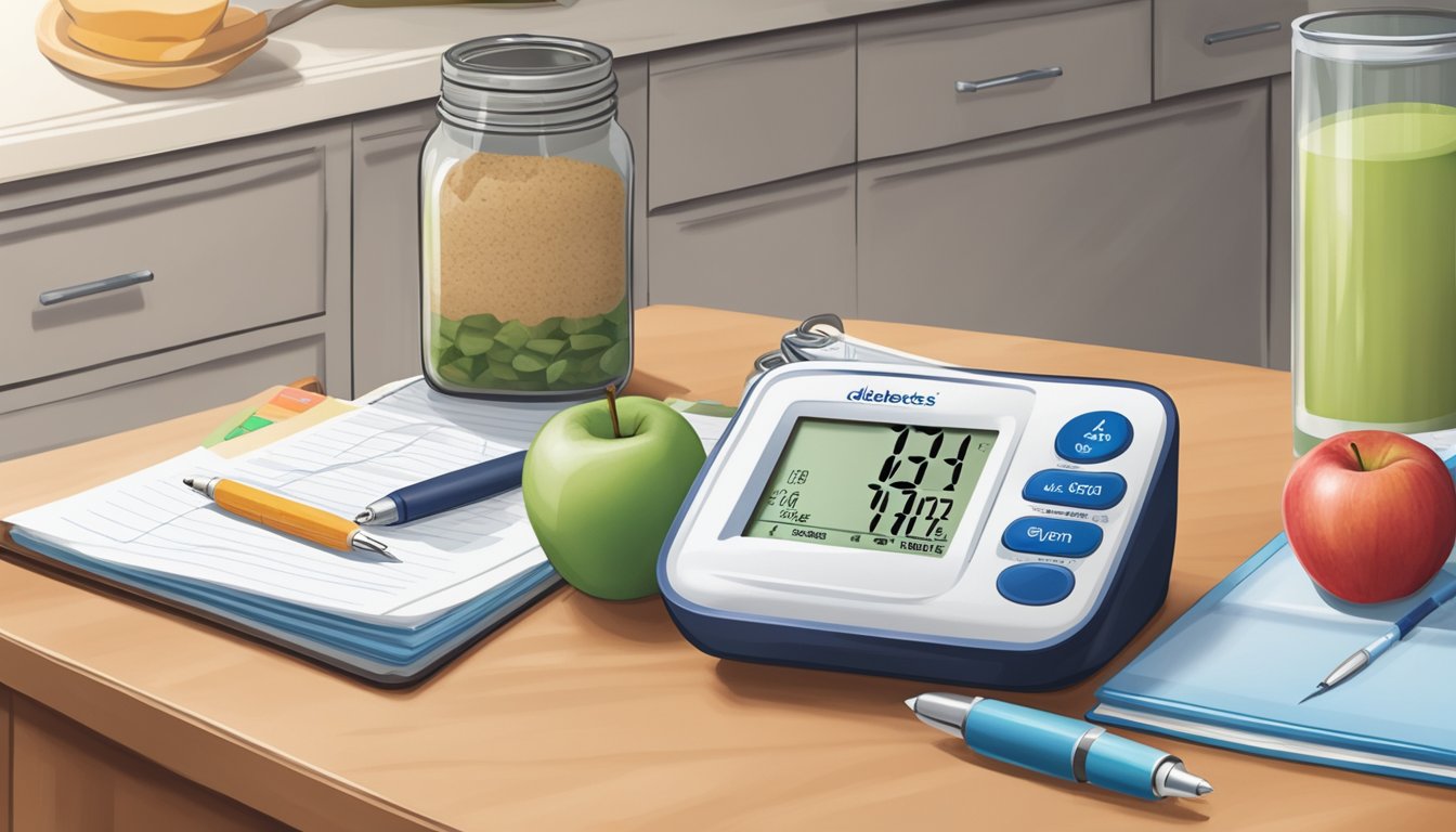 A jar of unsweetened applesauce sits next to a glucometer and insulin pen on a kitchen counter. A diabetes education book is open to a page about blood sugar management