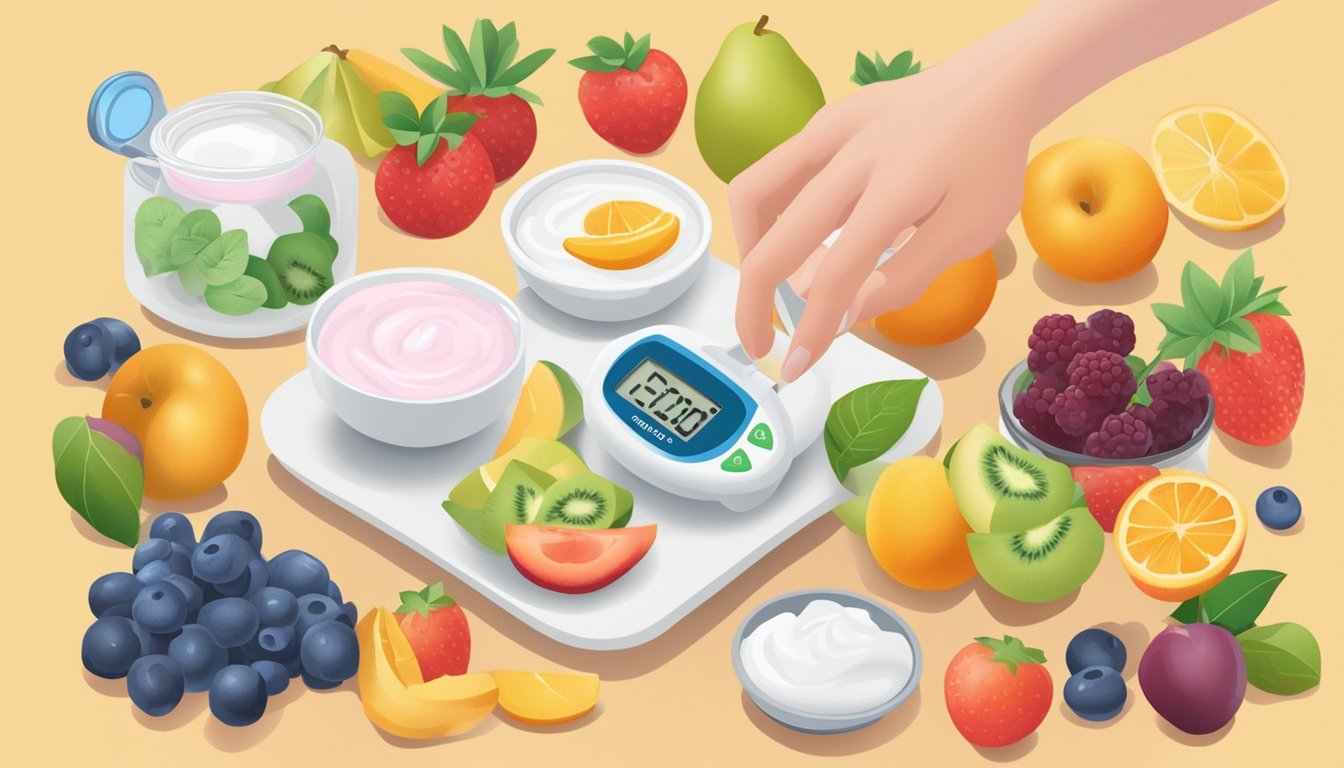 A person with diabetes holding a container of sugar-free yogurt, surrounded by various fruits and a glucometer