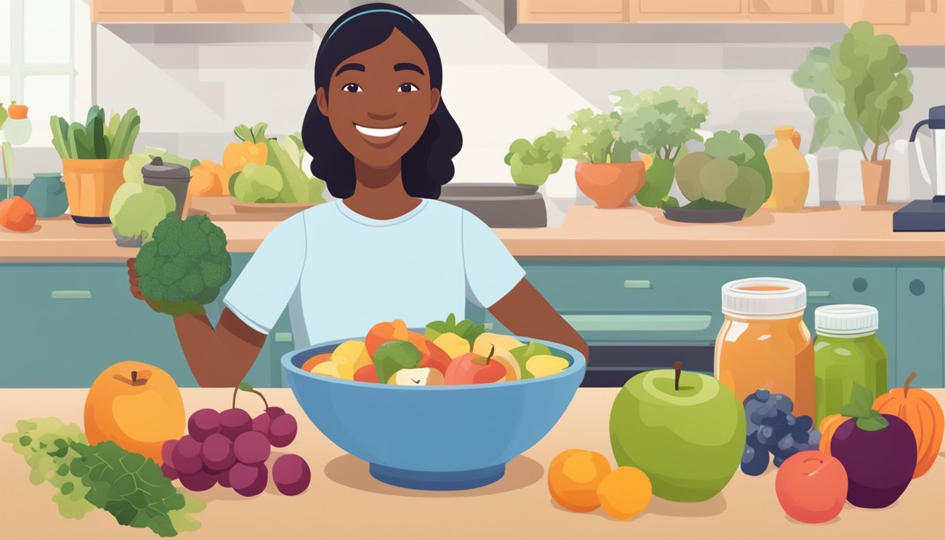 A person with diabetes enjoying a bowl of unsweetened applesauce with a smile on their face, surrounded by various fruits and vegetables