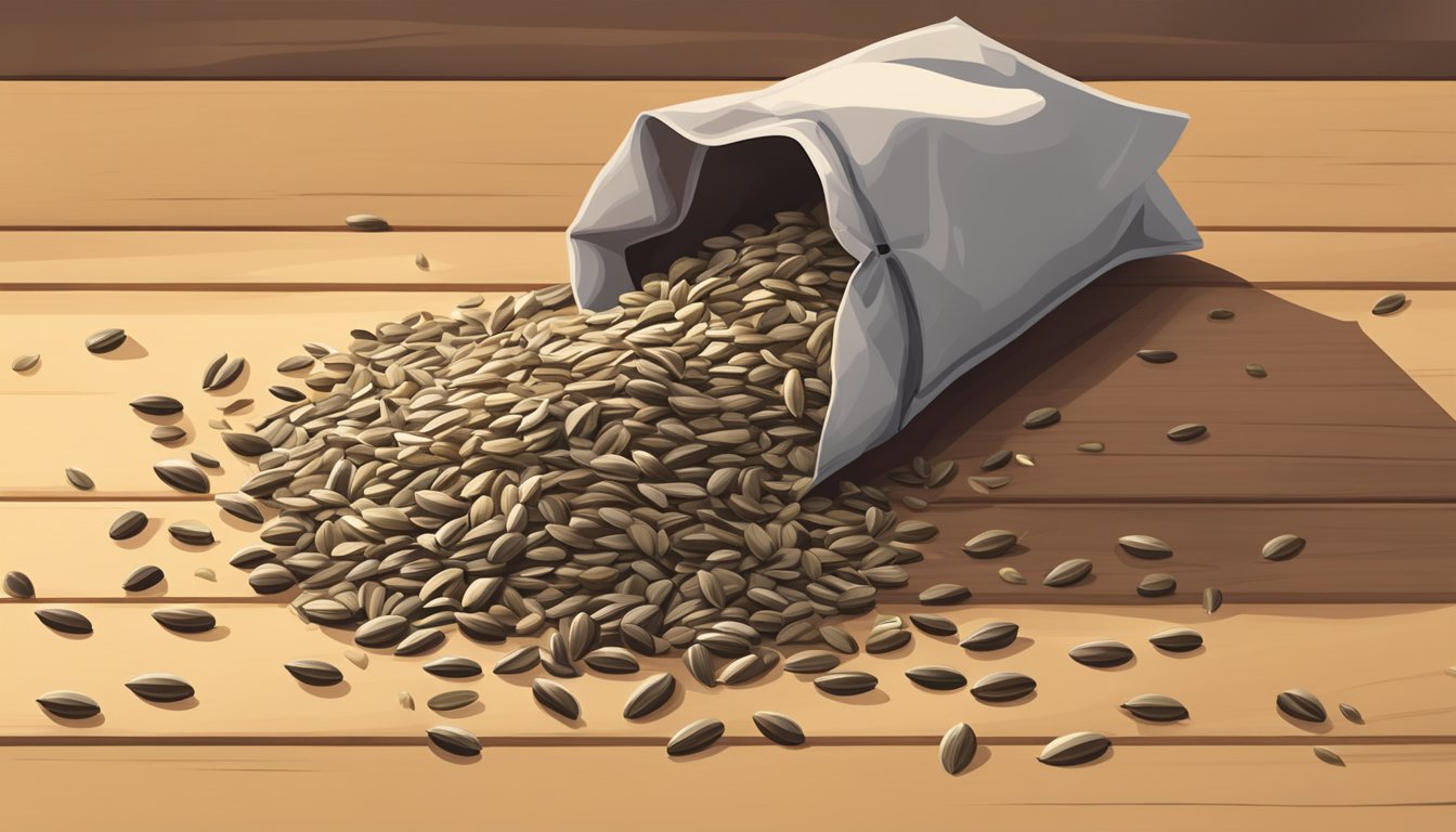 A pile of sunflower seeds scattered on a wooden table, with a few seeds spilling out of a small bag