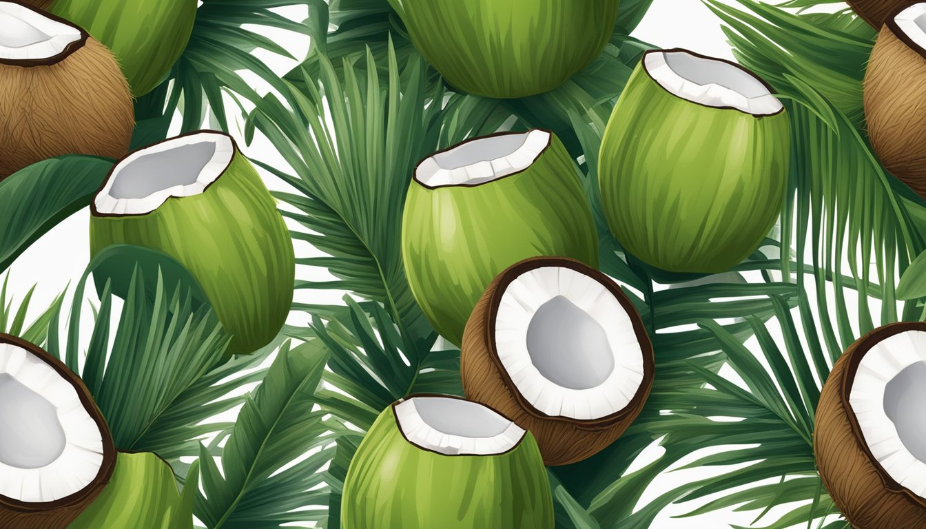 A carton of unsweetened coconut milk surrounded by coconut trees and coconuts