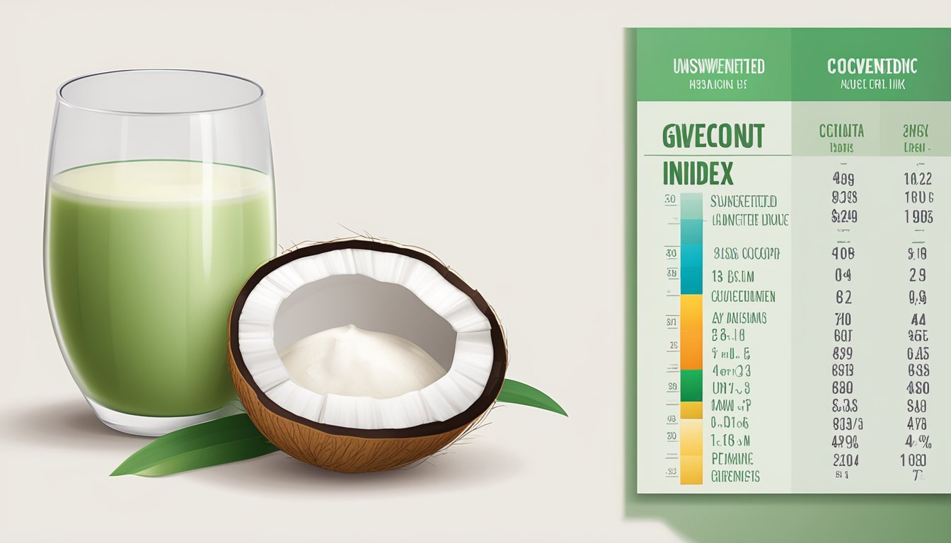 A glass of unsweetened coconut milk next to a glycemic index chart