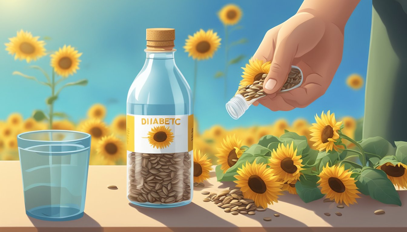 A diabetic person enjoying a handful of sunflower seeds under a bright sun, with a bottle of water nearby