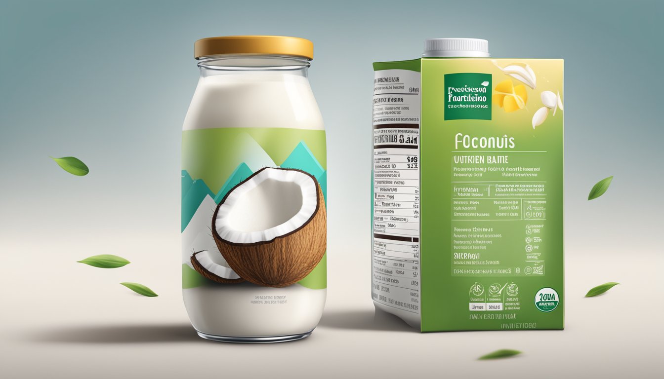 A diabestics pouring unsweetened coconut milk into a glass, with a nutrition label and fortification information visible on the packaging