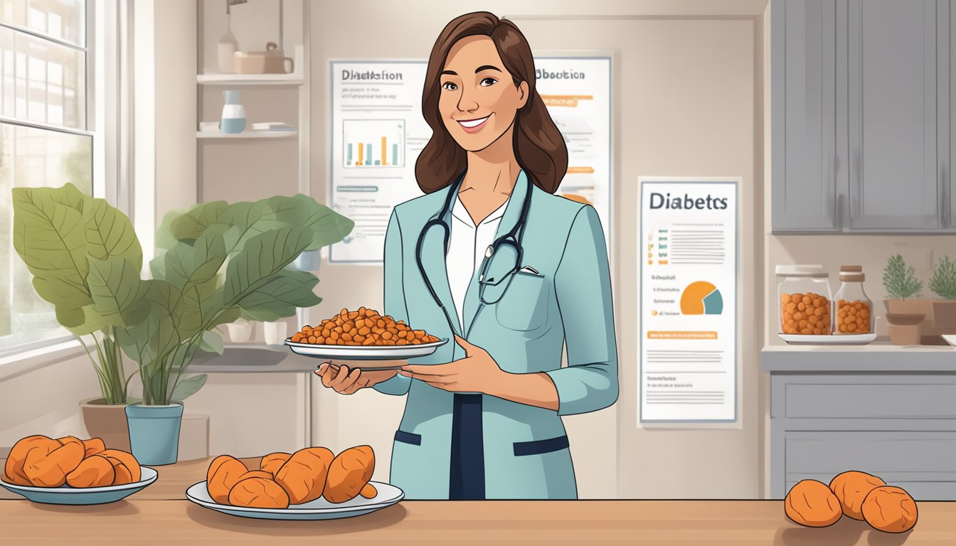 A dietician holding a plate of sweet potatoes with a diabetes education poster in the background