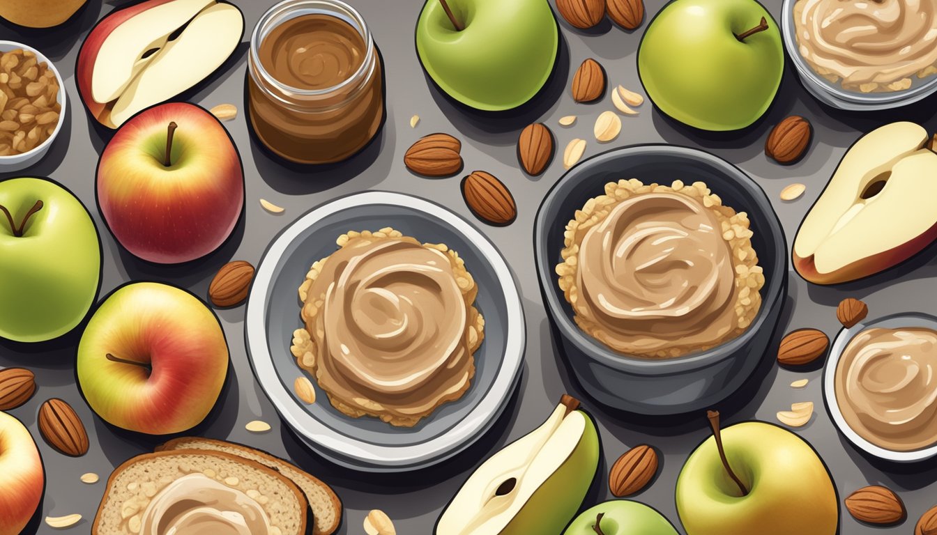 A table set with a variety of unsweetened nut butters spread on whole grain bread, mixed into oatmeal, and drizzled over sliced apples