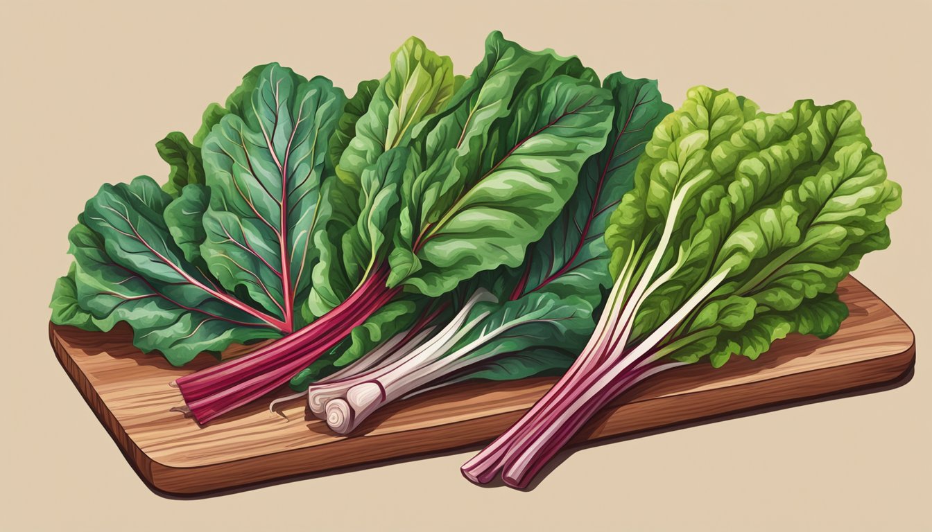 A colorful bunch of Swiss chard with a variety of vibrant green and red leaves, arranged neatly on a wooden cutting board