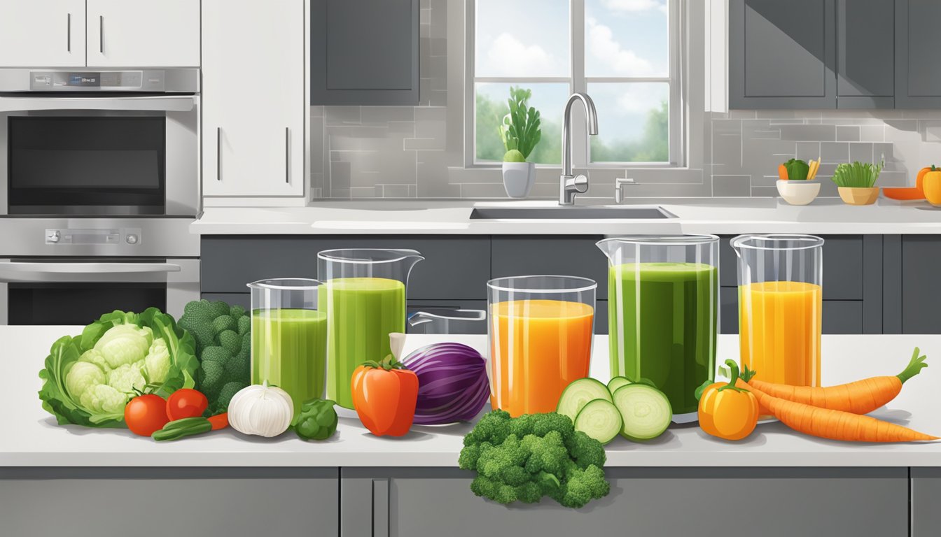 A colorful array of fresh vegetables being juiced in a modern kitchen