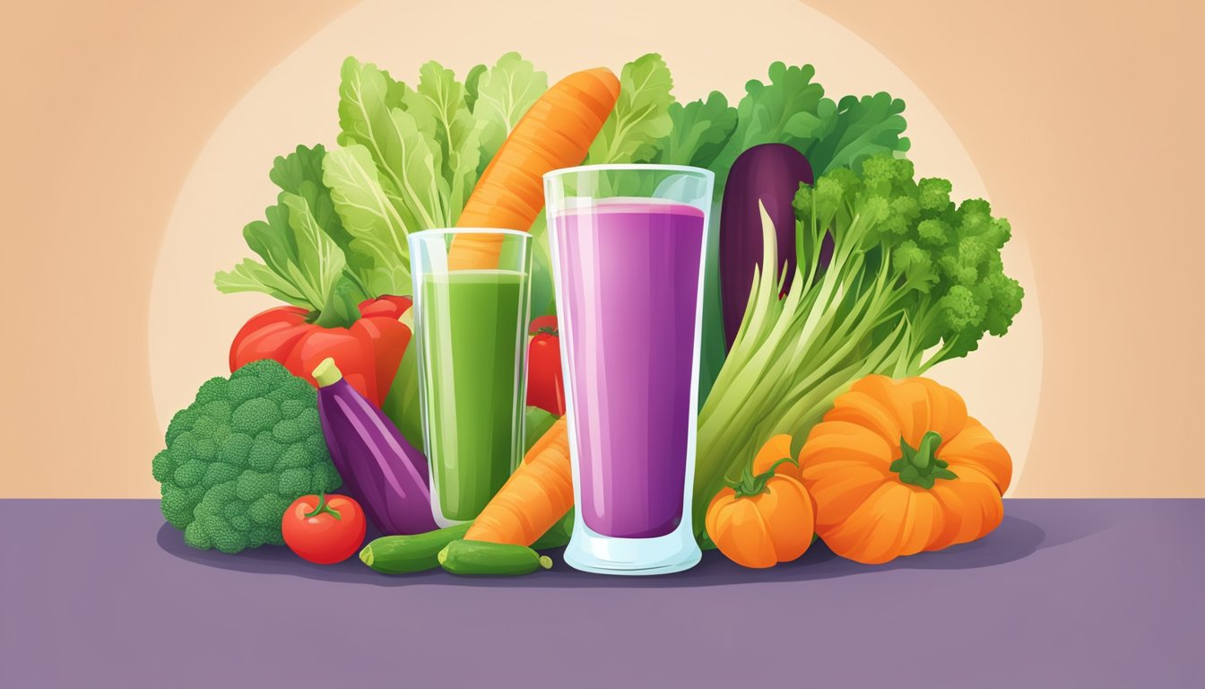 A glass of vegetable juice surrounded by colorful and vibrant vegetables, with a nutrition label and a diabetes-friendly symbol displayed prominently