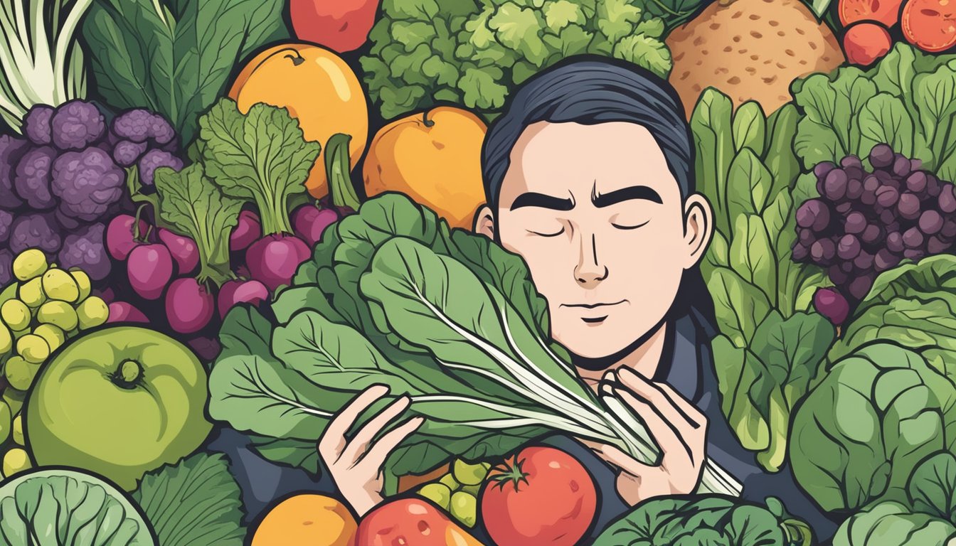 A person with diabetes carefully examining a bunch of Swiss chard, surrounded by various fruits and vegetables, with a concerned expression on their face