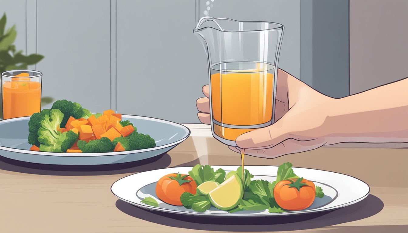 A person pouring a glass of vegetable juice next to a plate with carefully measured portion sizes of food