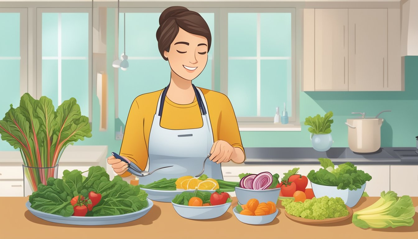 A dietician preparing a colorful plate of Swiss chard and other healthy foods for a diabetic patient