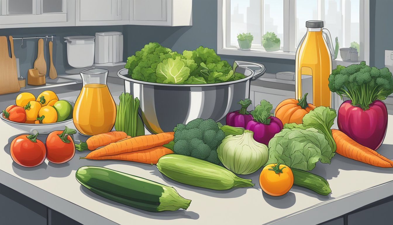 A colorful array of fresh vegetables arranged on a kitchen counter, with a juicer and various glass containers nearby