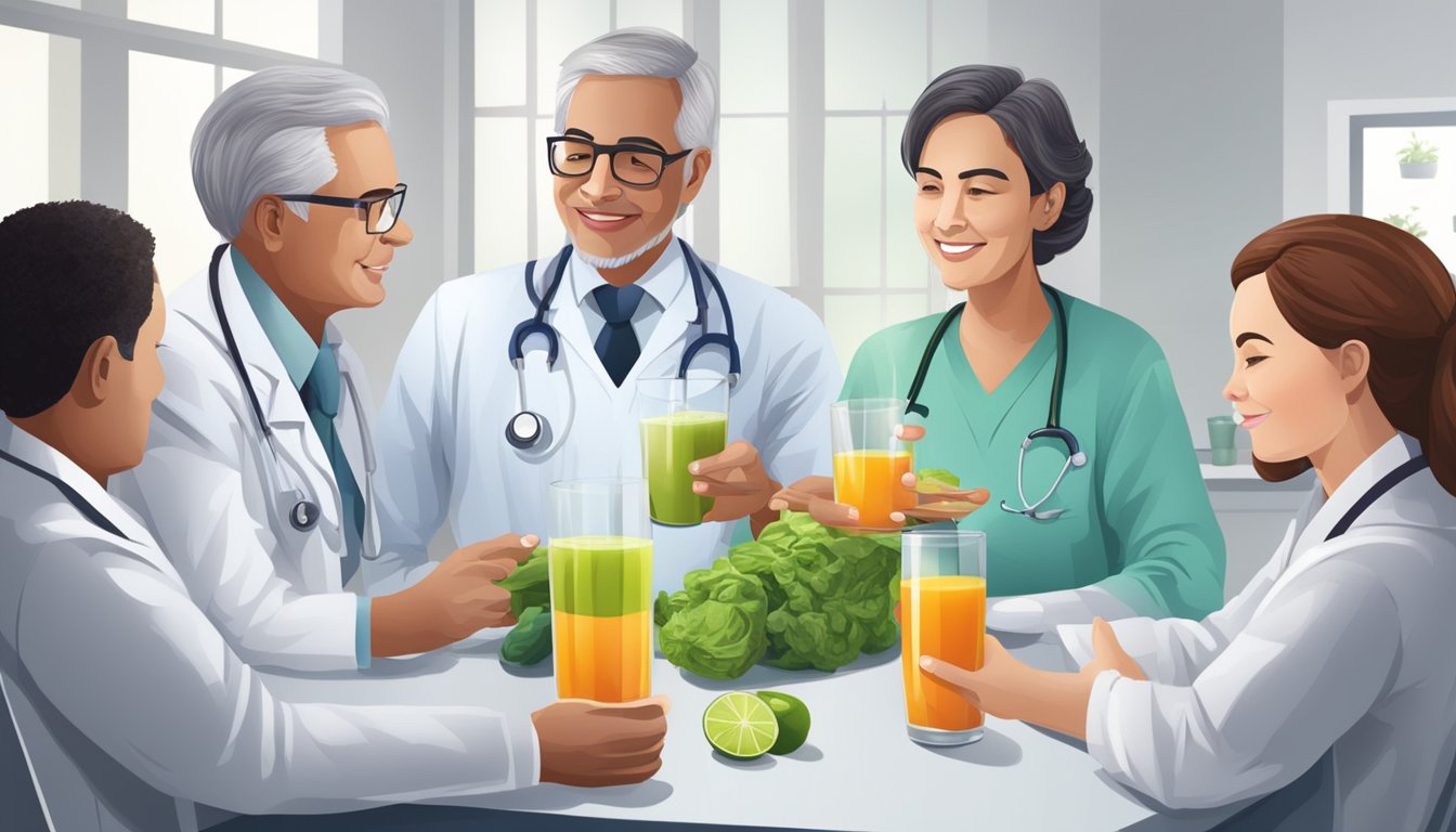 A group of healthcare professionals discussing vegetable juice with a diabetic patient