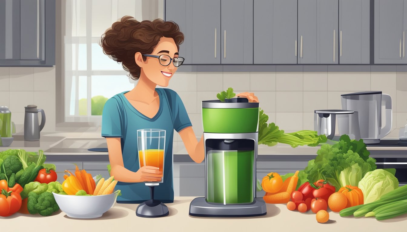 A diabetic enjoying a glass of vegetable juice with a variety of fresh vegetables and a juicer on the kitchen counter