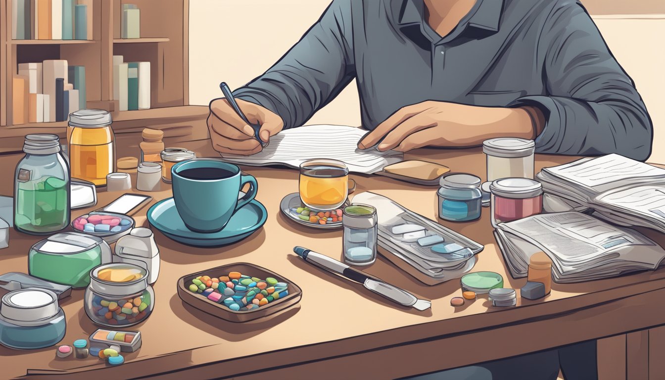 A person sitting at a table with a cup of tea and various types of diabetes medication and supplies spread out in front of them