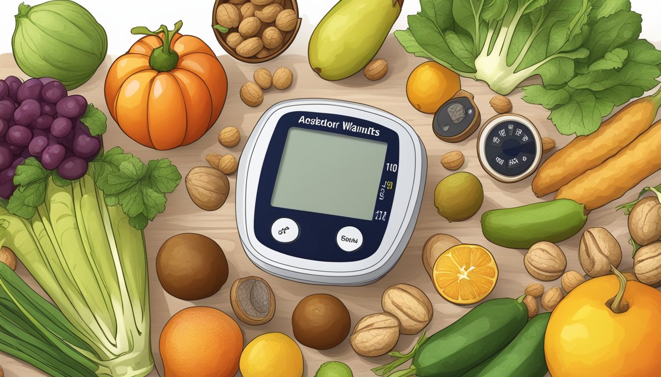 A bowl of walnuts surrounded by various fruits and vegetables, with a blood glucose monitor nearby