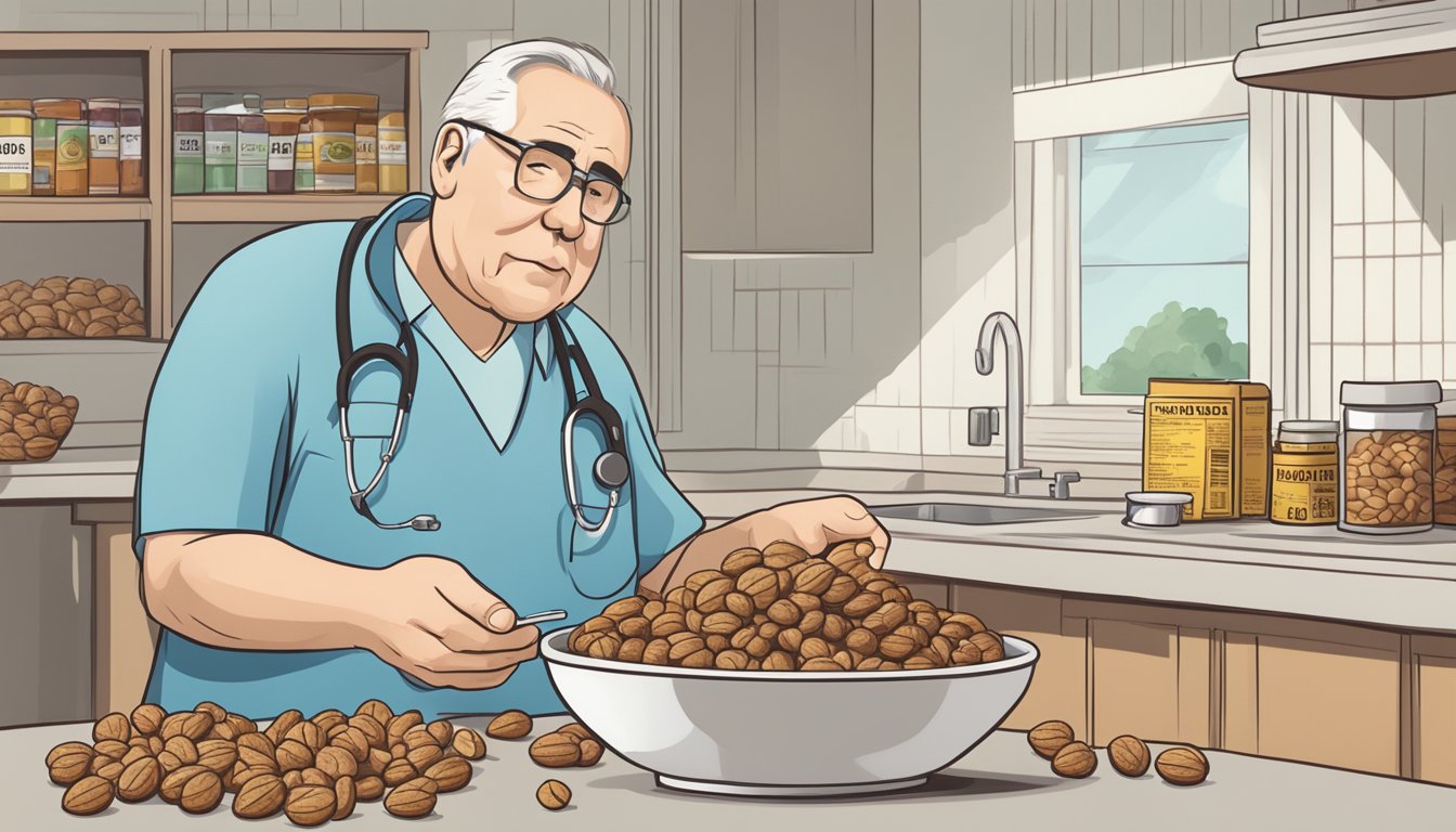 A diabetic carefully holds a bowl of walnuts, while a warning sign and a pile of medication sit nearby