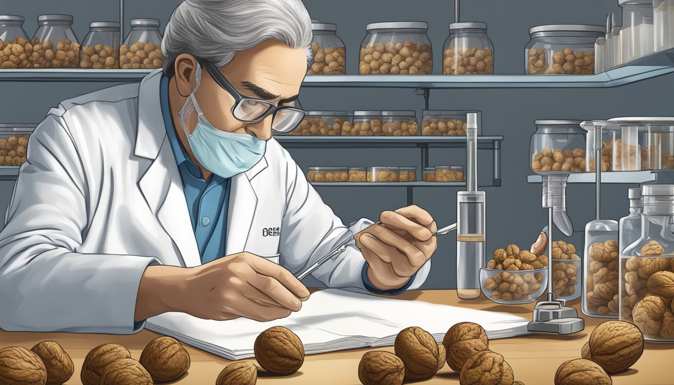 A scientist examining walnuts and diabetes research in a laboratory setting