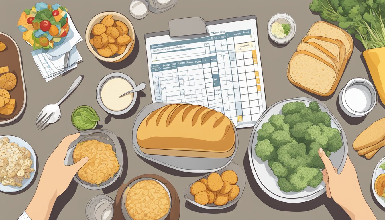 A person with diabetes holding a slice of white bread while surrounded by various food items and a meal planning chart