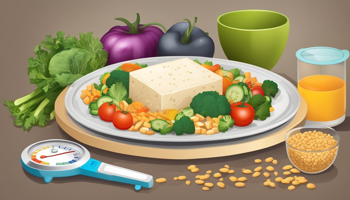 A colorful plate with tofu, vegetables, and whole grains, surrounded by a measuring tape and blood sugar monitor