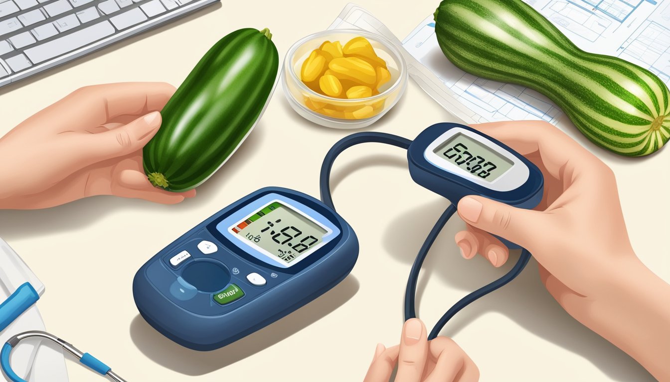 A person with diabetes holding a zucchini and a glucose meter, with a doctor explaining its nutritional benefits