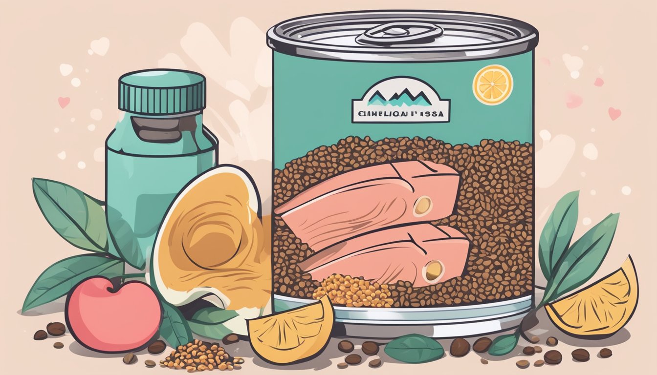 A can of tuna surrounded by omega-3 rich foods like flaxseeds, chia seeds, and walnuts, with a heart in the background