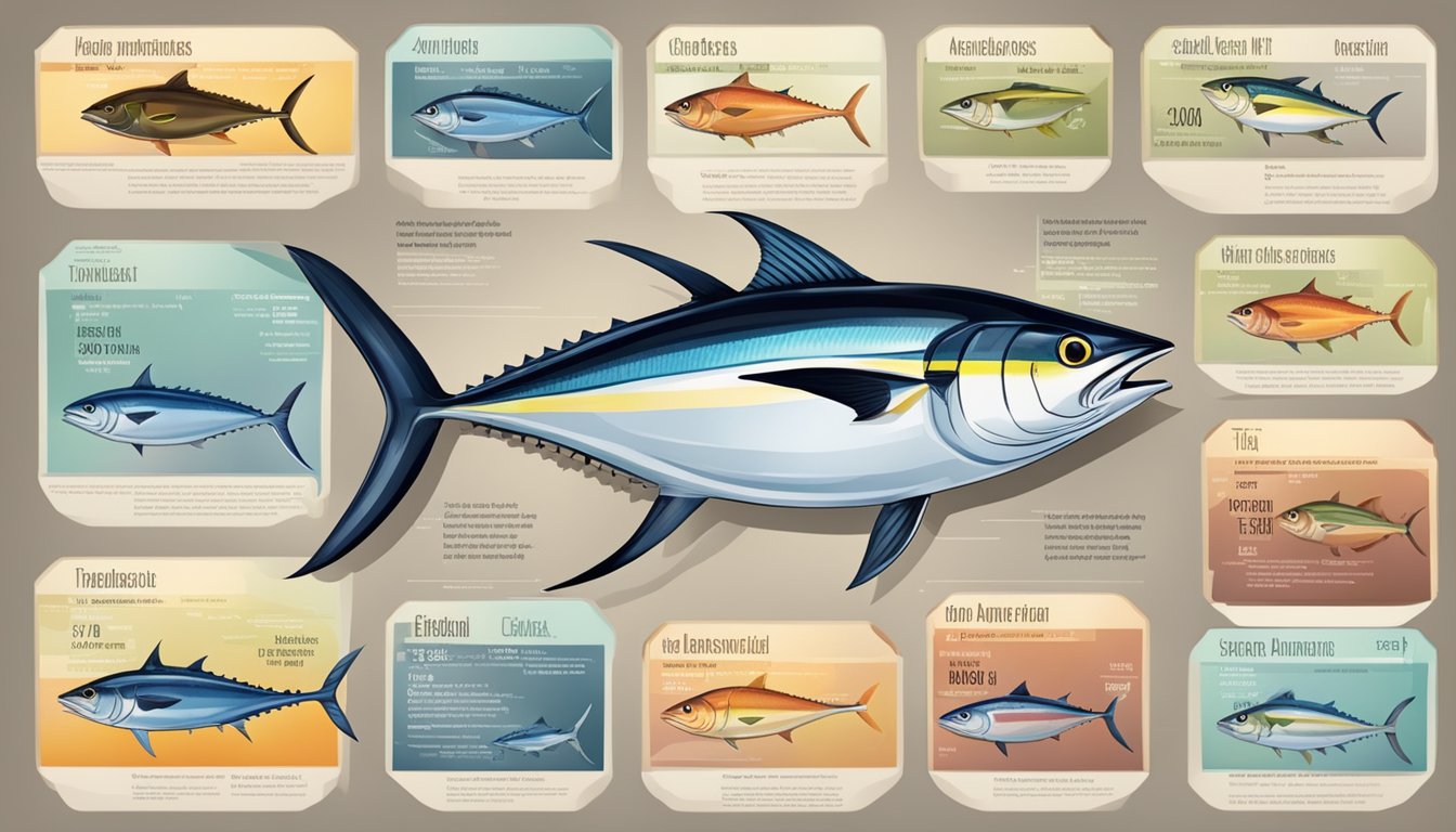 A variety of tuna species surrounded by nutritional information labels