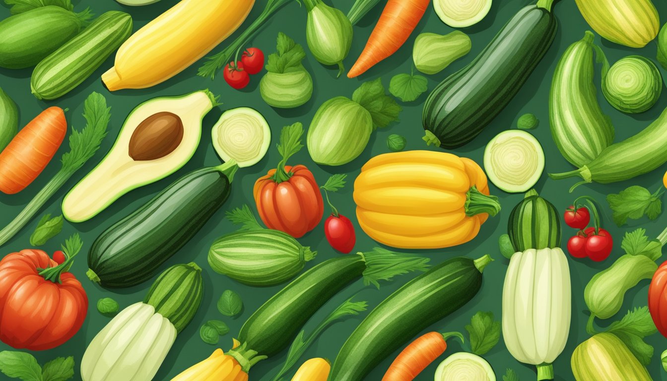 A zucchini surrounded by various other vegetables, with a focus on its unique shape and vibrant green color