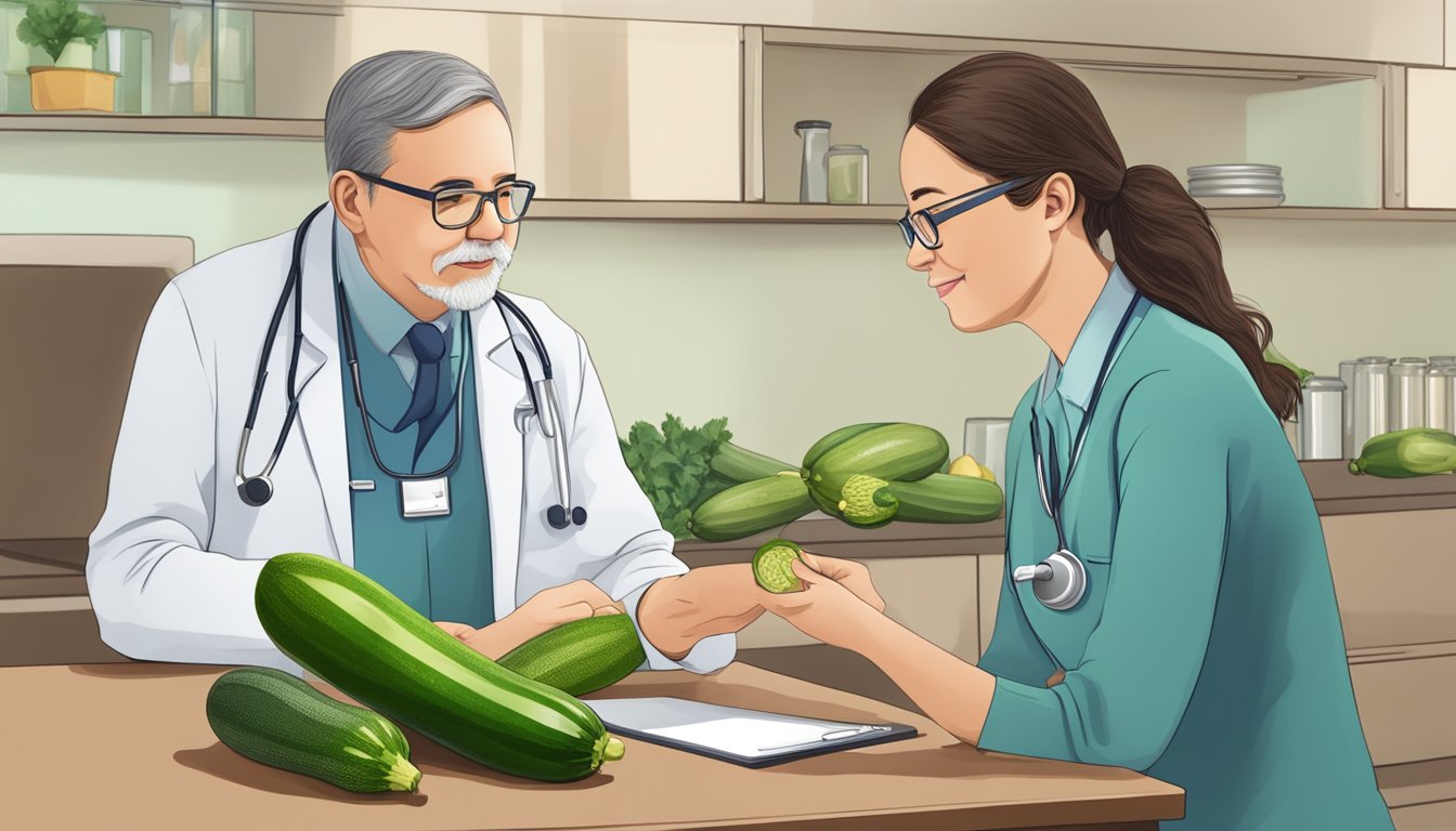 A diabetic person holding a zucchini and consulting with a healthcare professional