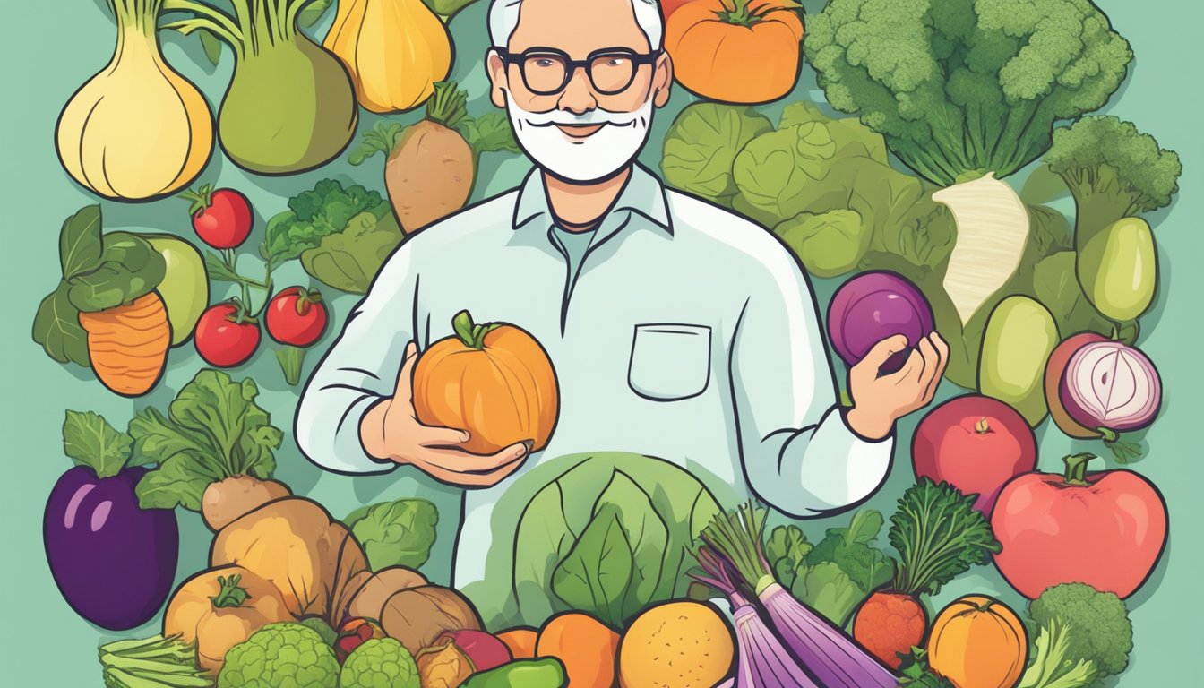 A person with diabetes holding a turnip, surrounded by various fruits and vegetables