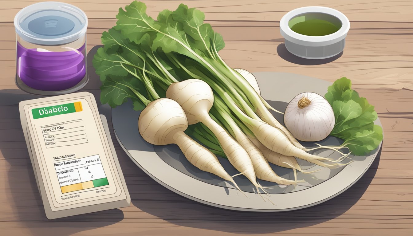 A table with a plate of cooked turnips, a nutrition label, and a diabetic testing kit nearby